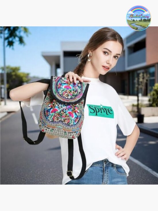 Vintage Embroidered Floral Backpack Purse - Lightweight Canvas Boho Shoulder Bag main image 4
